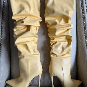 Yellow Slouchy Knee-High Stiletto Boots - Women's Fashion Boot